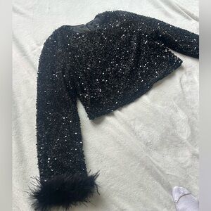 Lulu’s Black Sequin Top with Feather Detail